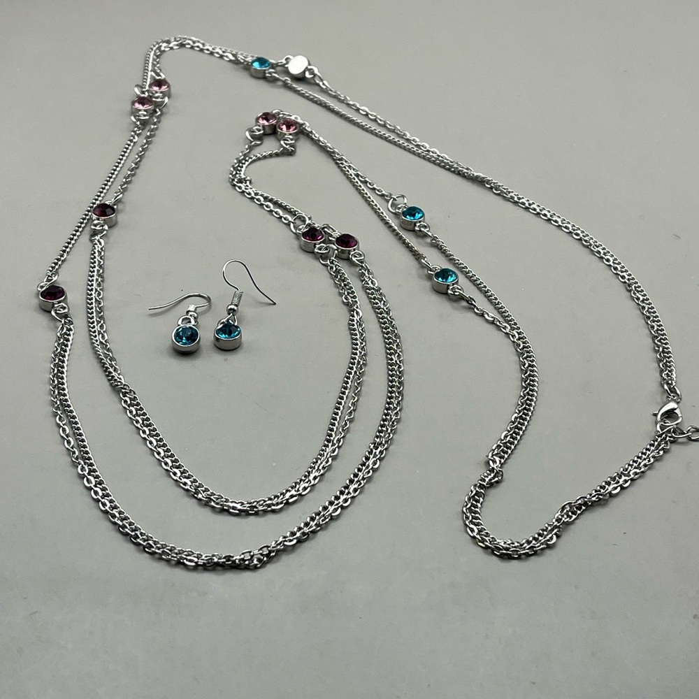 Elegant Silver Necklace and Earring Set with Blue and Pink Accents